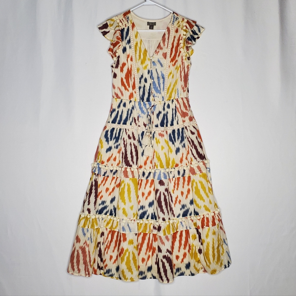 J Crew Point Sur Midi Dress Women 4 Tiered Tassel Flutter Vneck Cream Multicolor